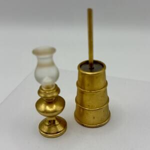 Vintage Dollhouse Miniatures Brass Glass Hurricane Oil Lamp & Butter Churn